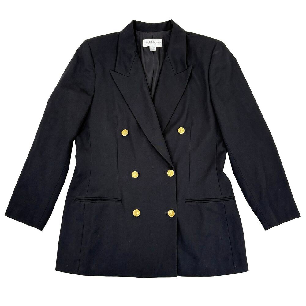 VTG Liz Claiborne Wool Blazer Womens L Black Double Breasted Gold Button 90s USA